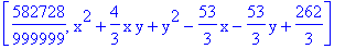 [582728/999999, x^2+4/3*x*y+y^2-53/3*x-53/3*y+262/3]